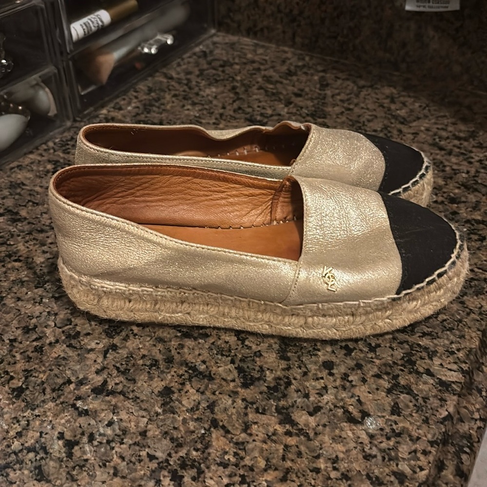 Kurt Geiger Gold and Black Platform Espadrilles
